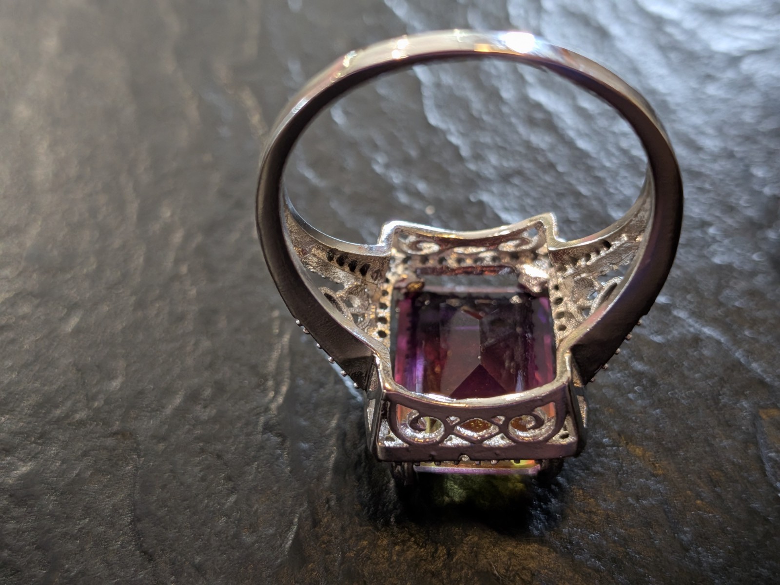 S925 Halo Cocktail Ring Size 11 Emerald-Cut Multicolor Rectangle Stone