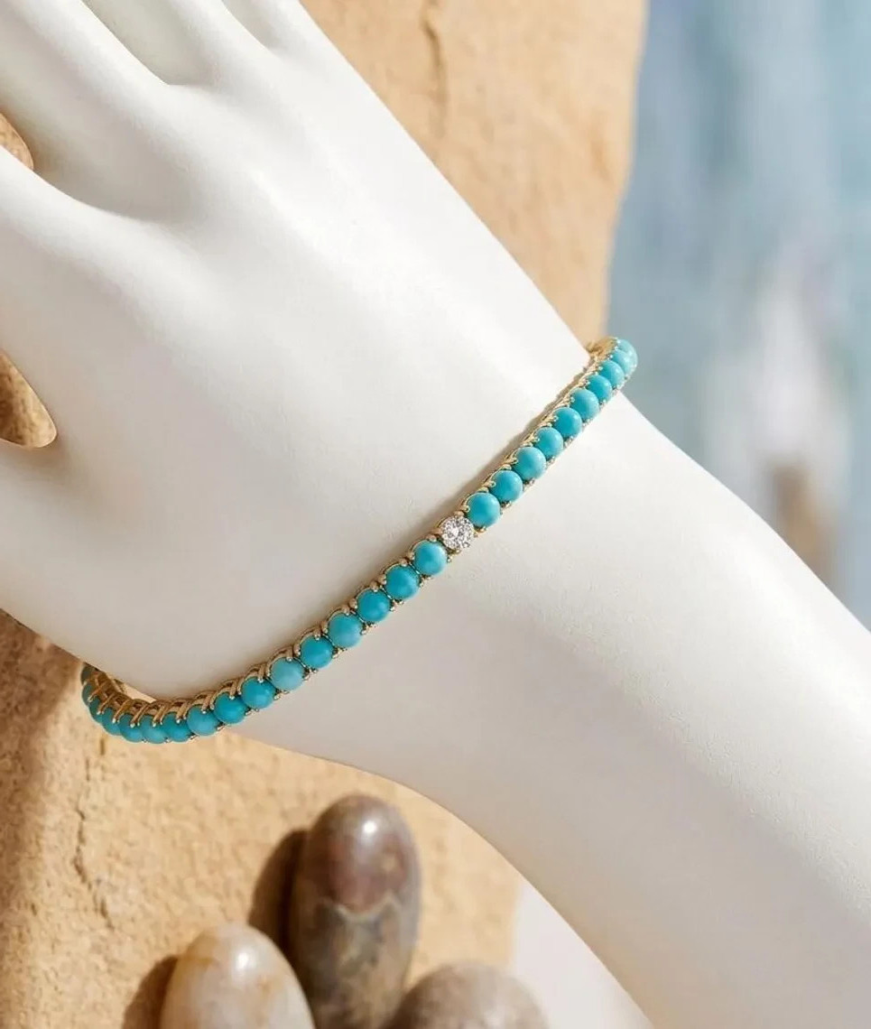 14K Yellow Gold Plated Genuine Turquoise & Moissanite Women’s Tennis Bracelet 7″