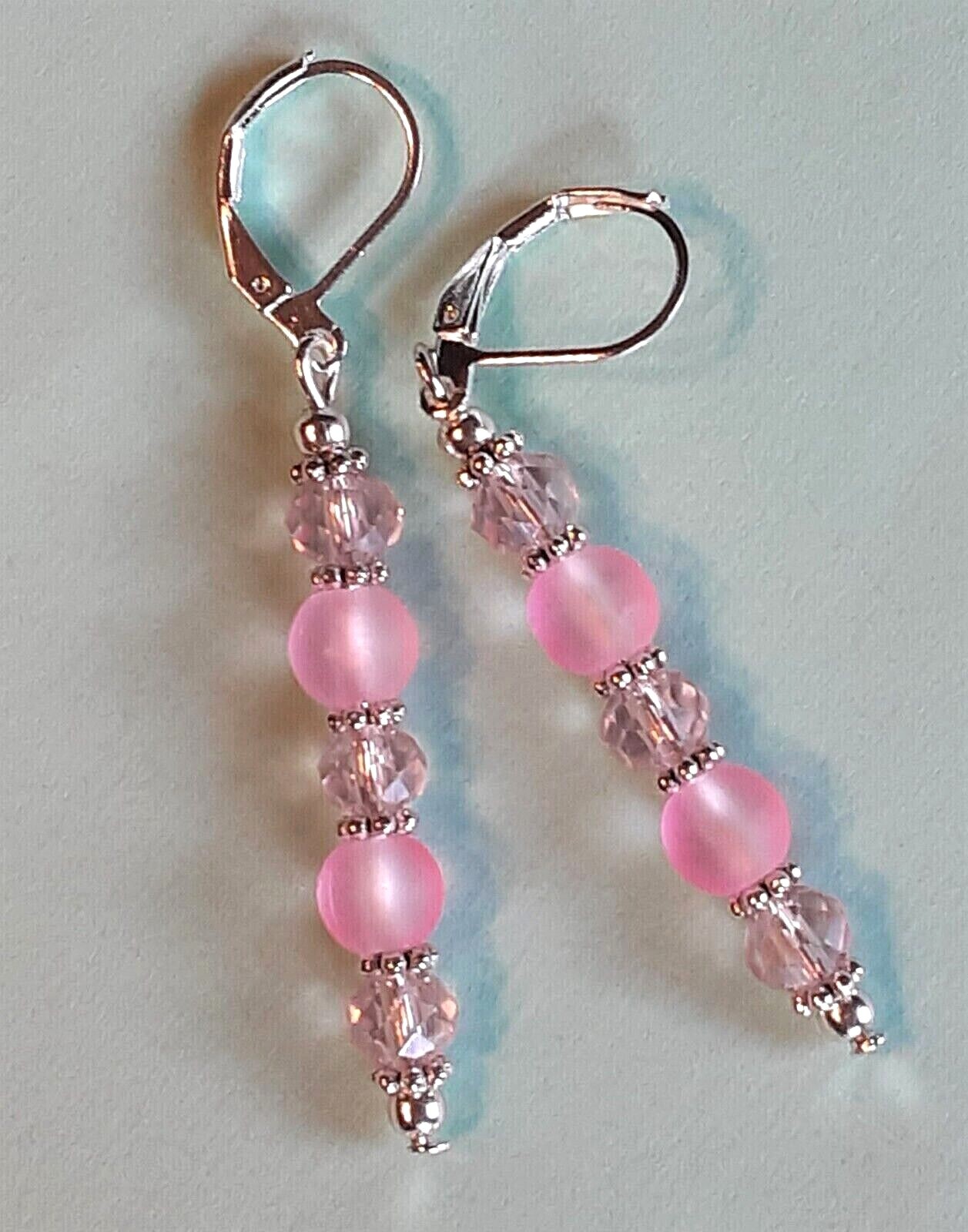 FACETED & FROSTED white and pink drop earring SP LEVERBACK hook HANDCRAFTED