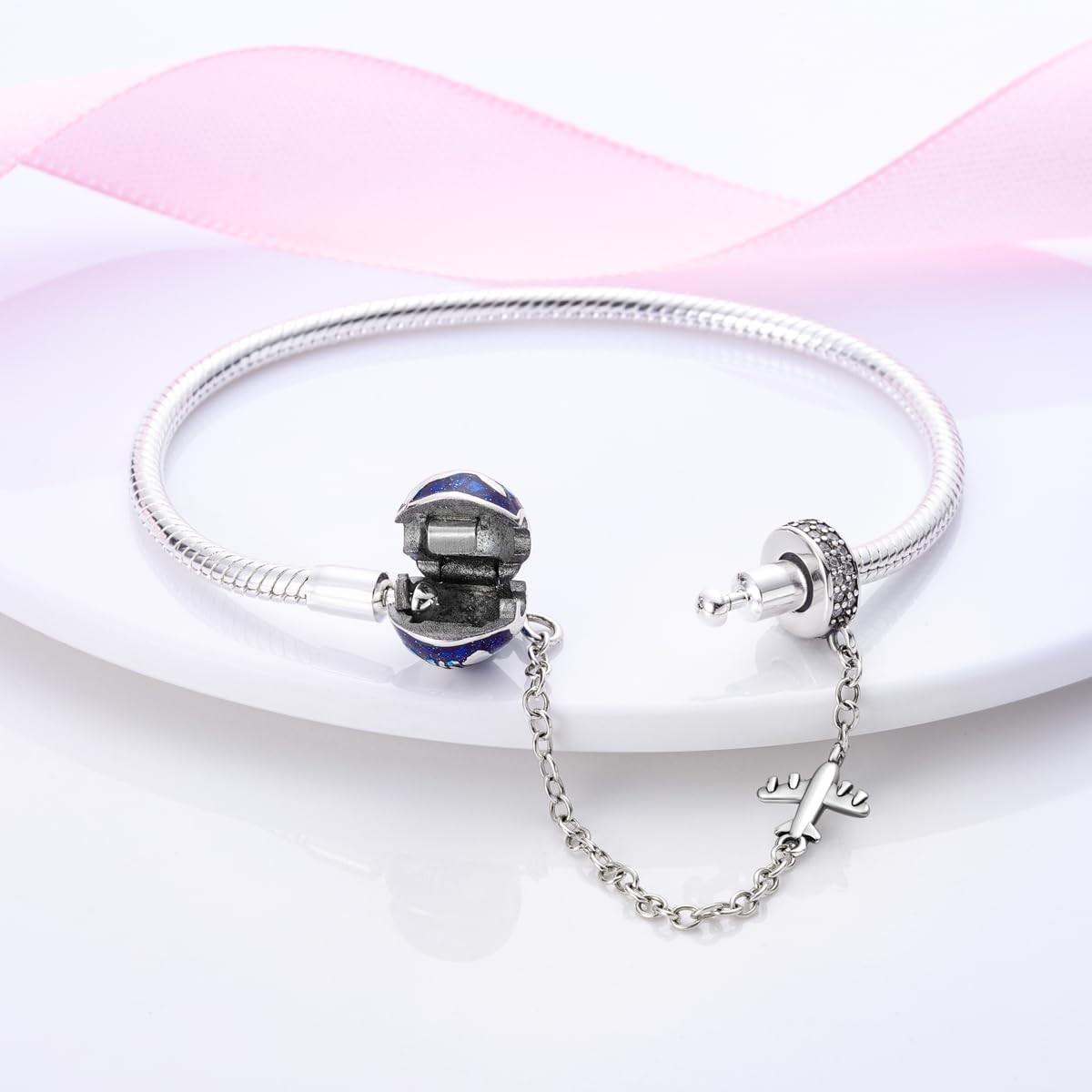 Sterling Silver Snake Chain Charm Bracelet 18cm 925 Star Moon KTB015 Women’s