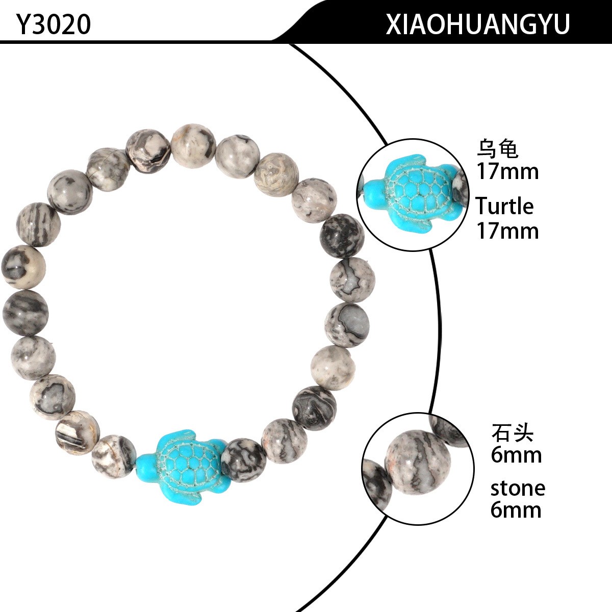 Natural Turquoise with Turtle Pendant—Stretchable Protective Bracelet for Women