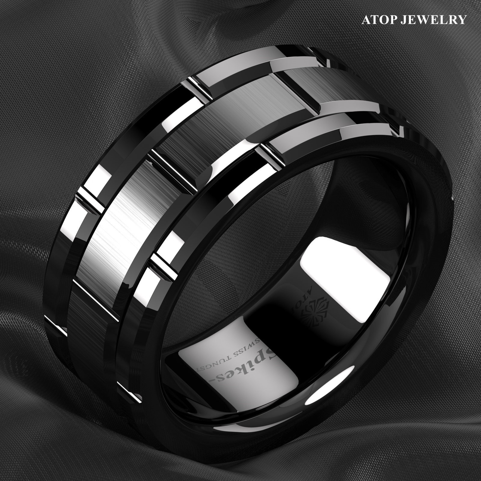 8mm Black Tungsten Carbide Ring Bushed Brick Pattern ATOP Men Wedding Band