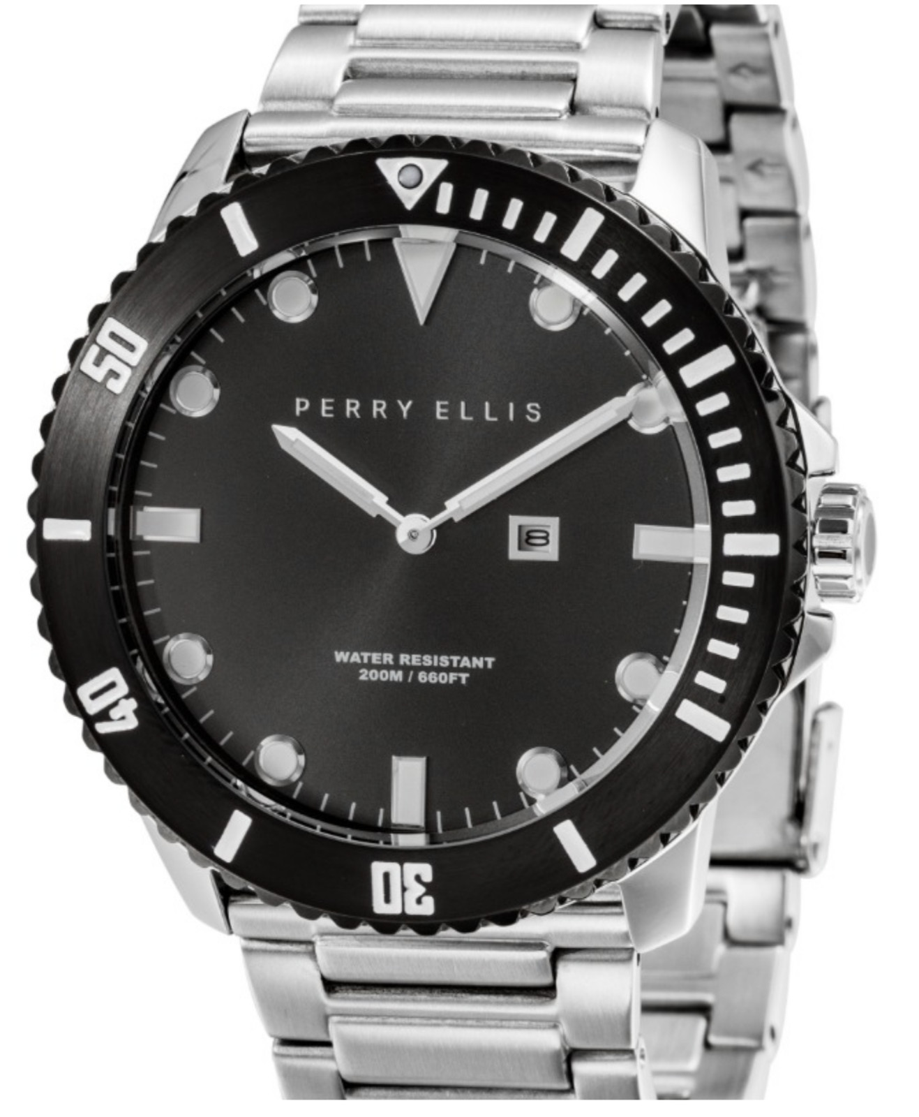 Perry Ellis 46mm Deep Diver Men’s Watch 200M WR Black Silver PEW02005-02 20ATM
