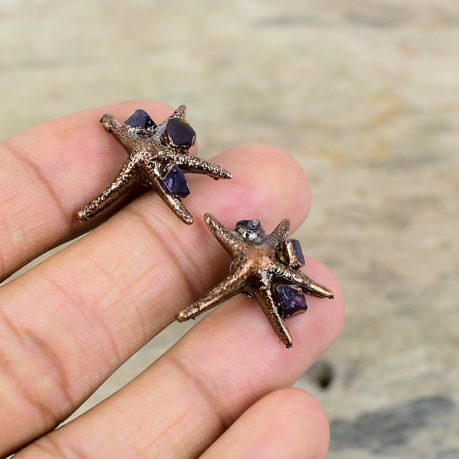 African Amethyst Rough Electroformed Earrings Handcrafted Copper Ethnic 0.98″