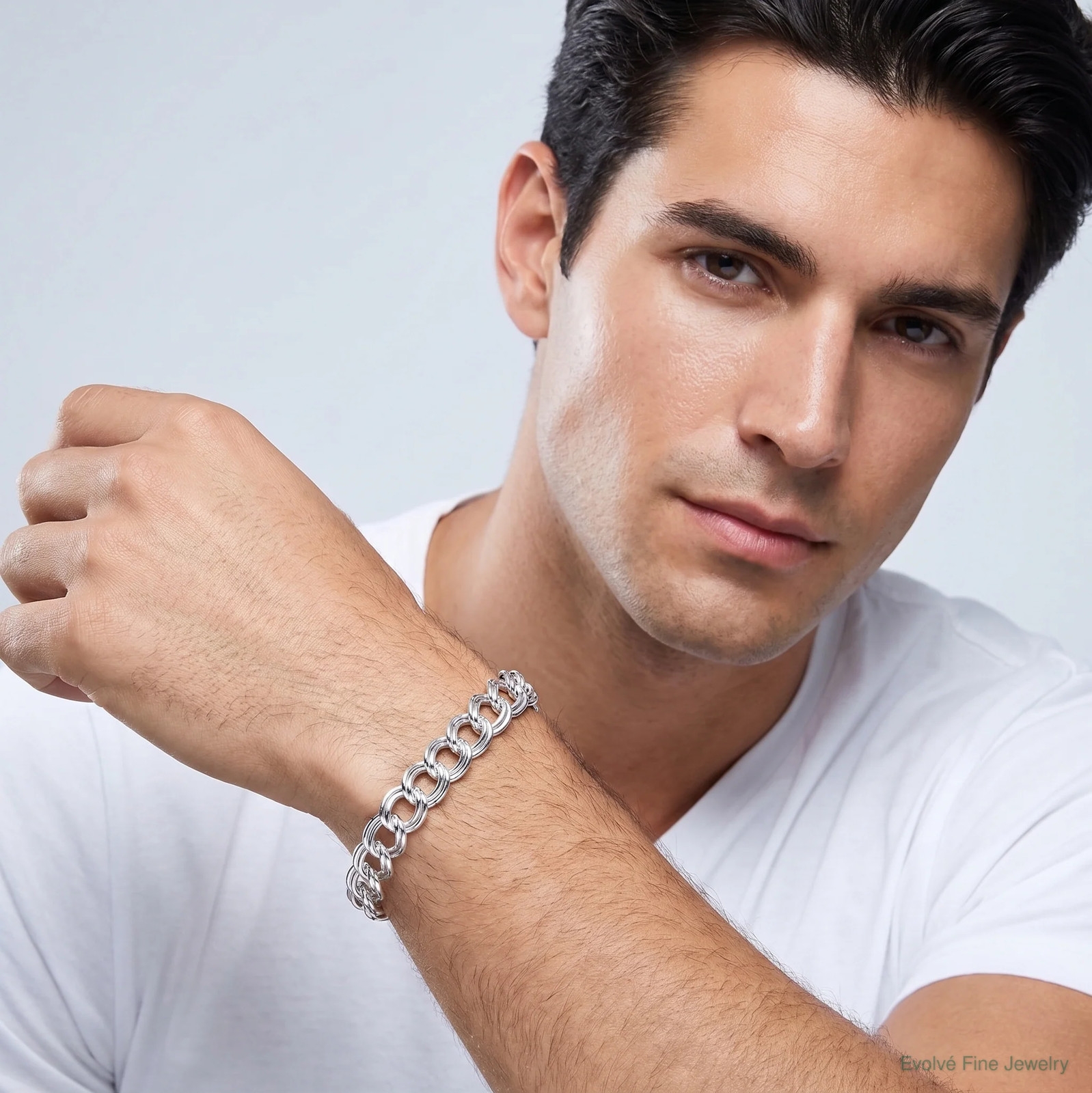 Sterling Silver 7.75mm Solid Double Link Charm Bracelet