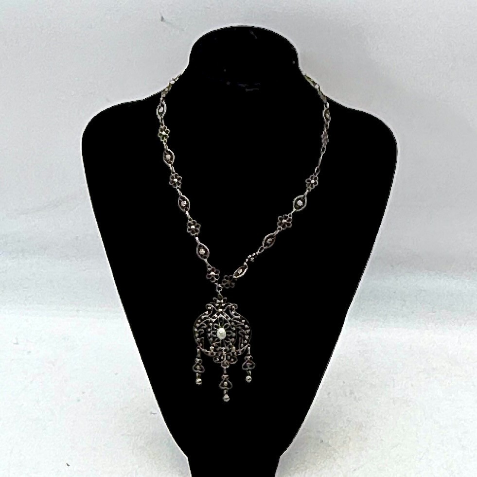 Vintage 800 Silver Filigree Pendant Necklace Blue Green Stone 19.2g