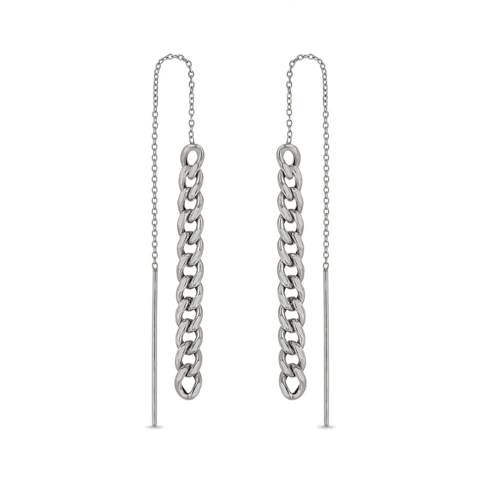 14K Solid Yellow Gold Curb Chain Threader Earrings Long Dangle Drop Bar Minimal