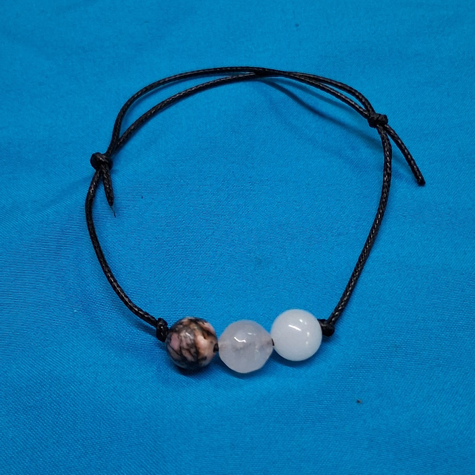Vintage Pink & White Quartz & Stone Bead Black Cotton Cord Bangle Bracelet