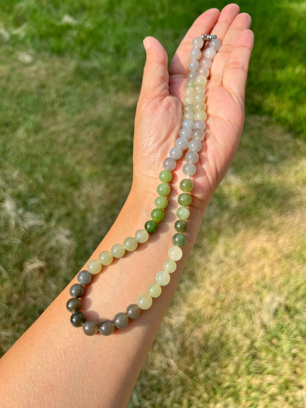 Genuine Gray Purple Green Nephrite Jade 7.8mm Bead 17″ Necklace H323 a