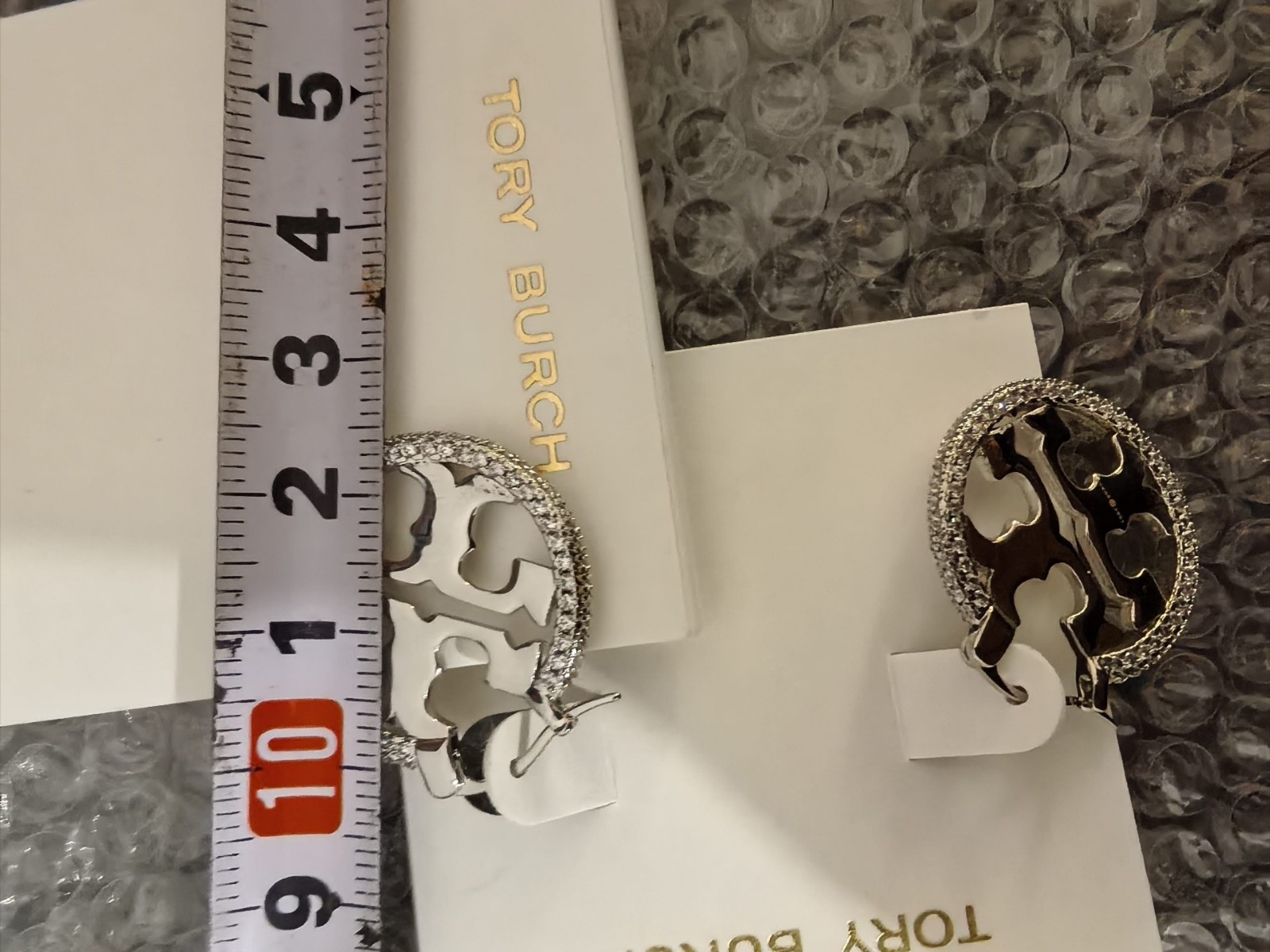 Tory Burch Miller Pave Zircon Logo Hoop Earrings Silver
