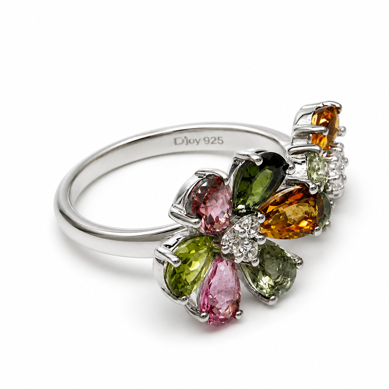 Multi Gemstone Tourmaline 2 Flowers (5) Sterling 925 Bypass Ring Pink Green NEW