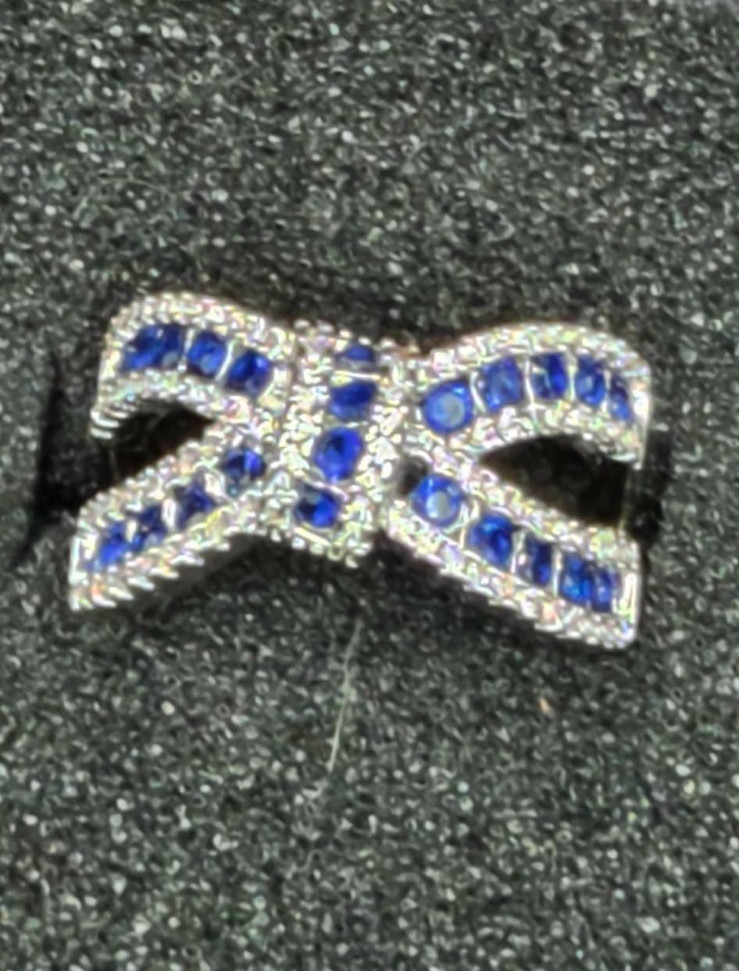 Blue Sapphire CZ Silver Tone Bow Knot Crossover Cocktail Statement Ring