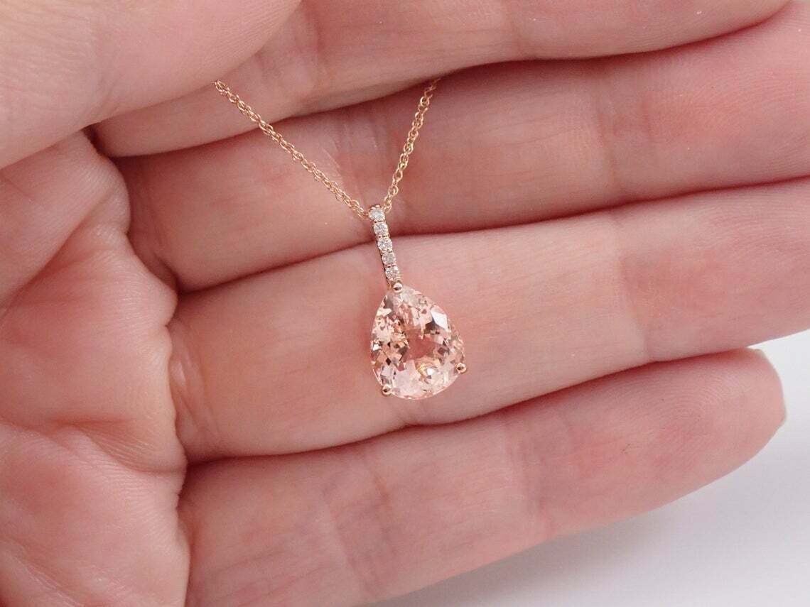 2Ct Pear Cut Morganite Diamond Solitaire Pendant 14K Rose Gold Finish Free Chain