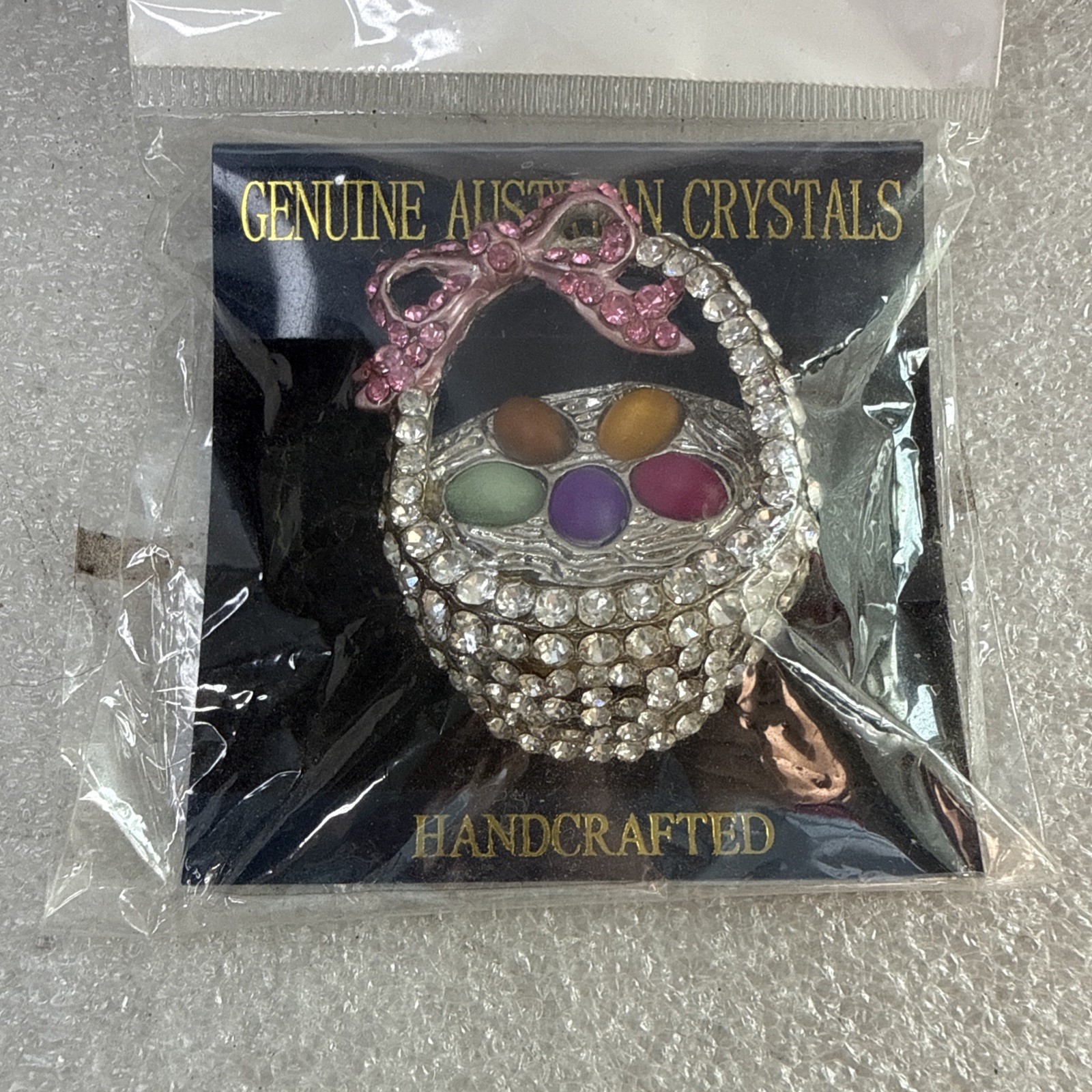 Easter Basket Pink White Colored Eggs Austrian Crystals Pin- NEW
