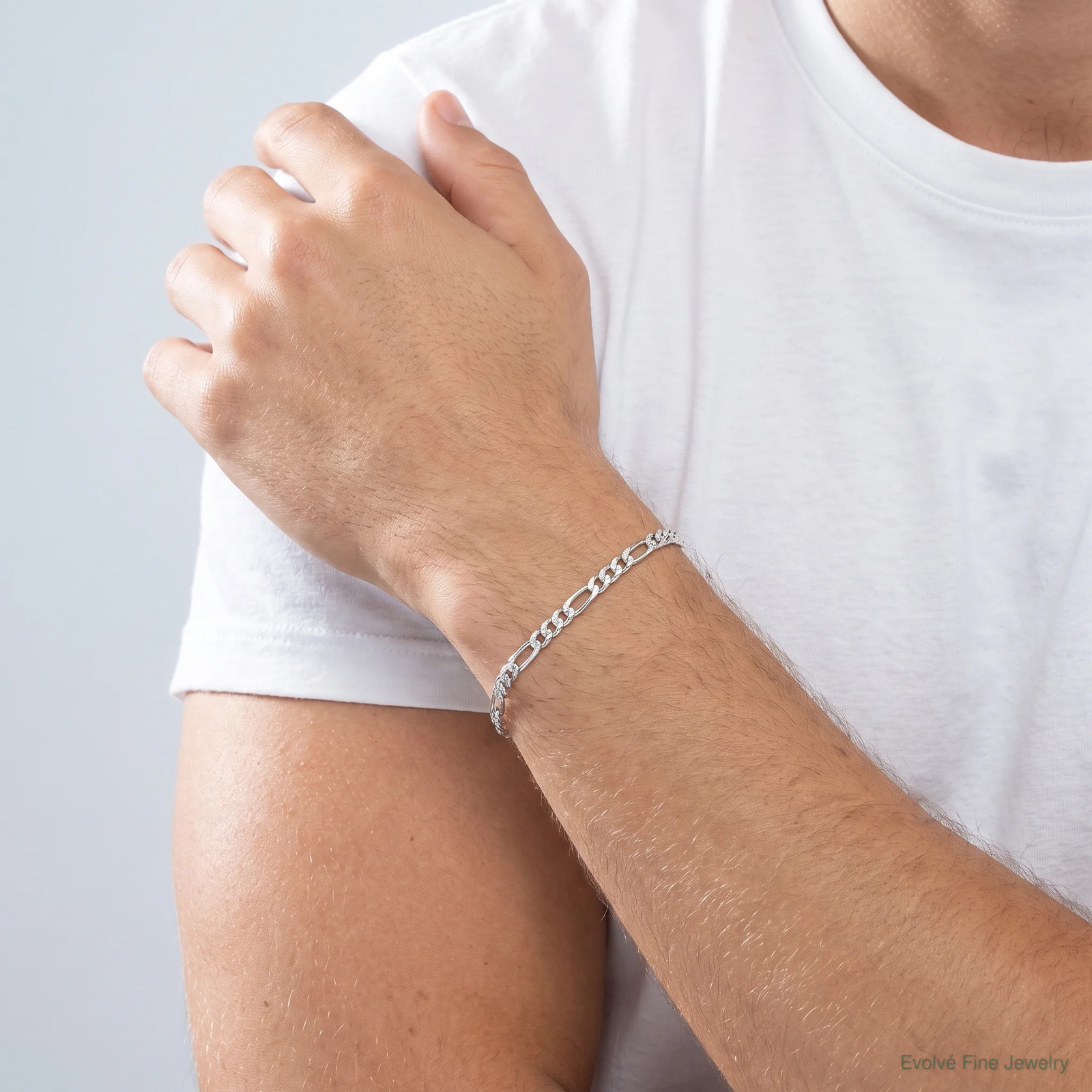Sterling Silver Rhodium-Plated 3mm Pavé Flat Figaro Chain Bracelet 7″-8″