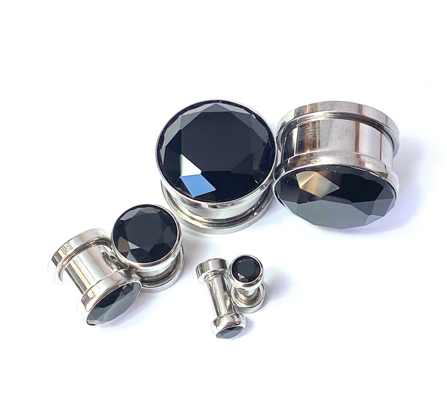 PAIR Large Black Gem Screw Fit Tunnel Plugs Gauges Pierced Body Jewelry Piercing