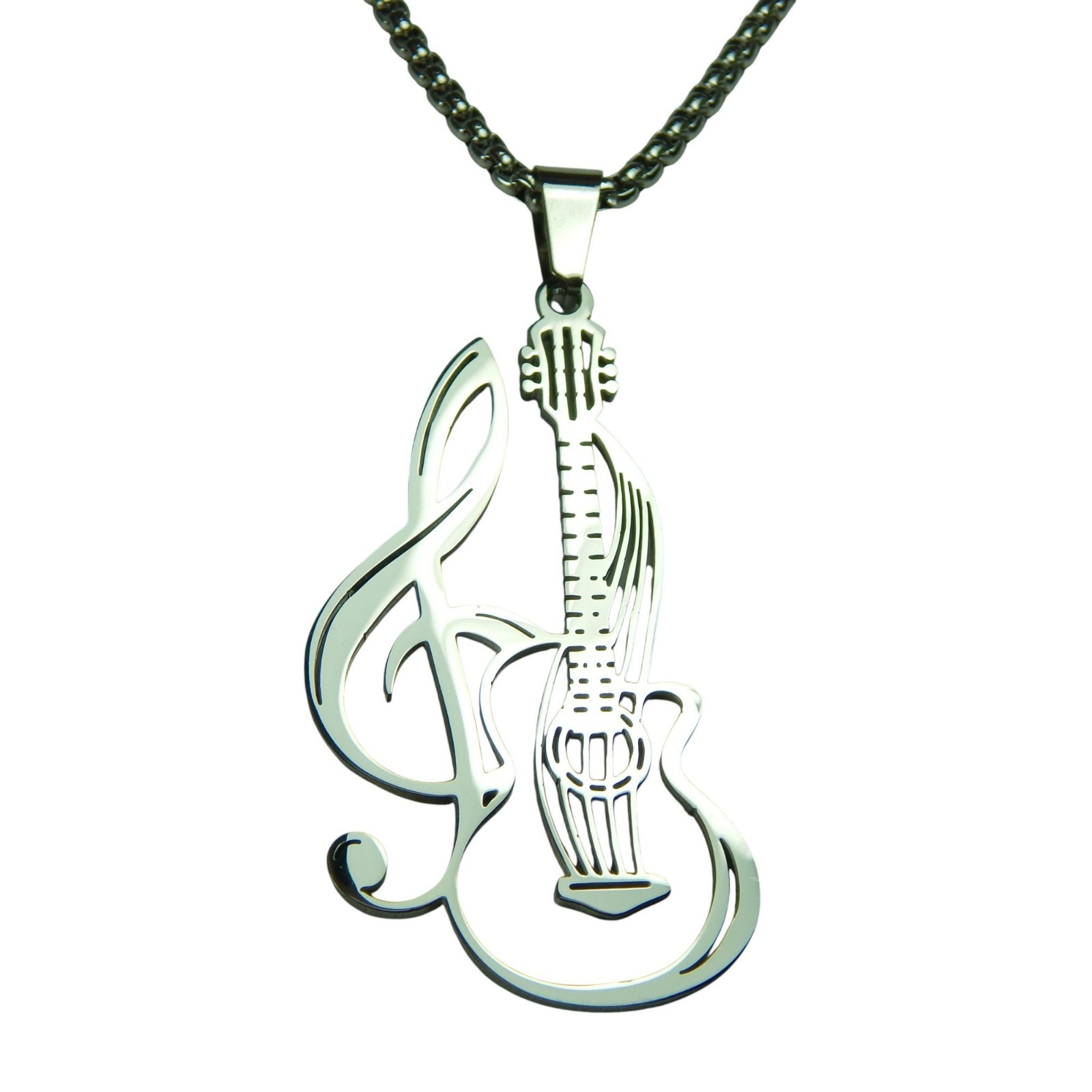 Guitar Necklace Silver 316L Stainless Steel Music Band Bass Pendant Mens Womens