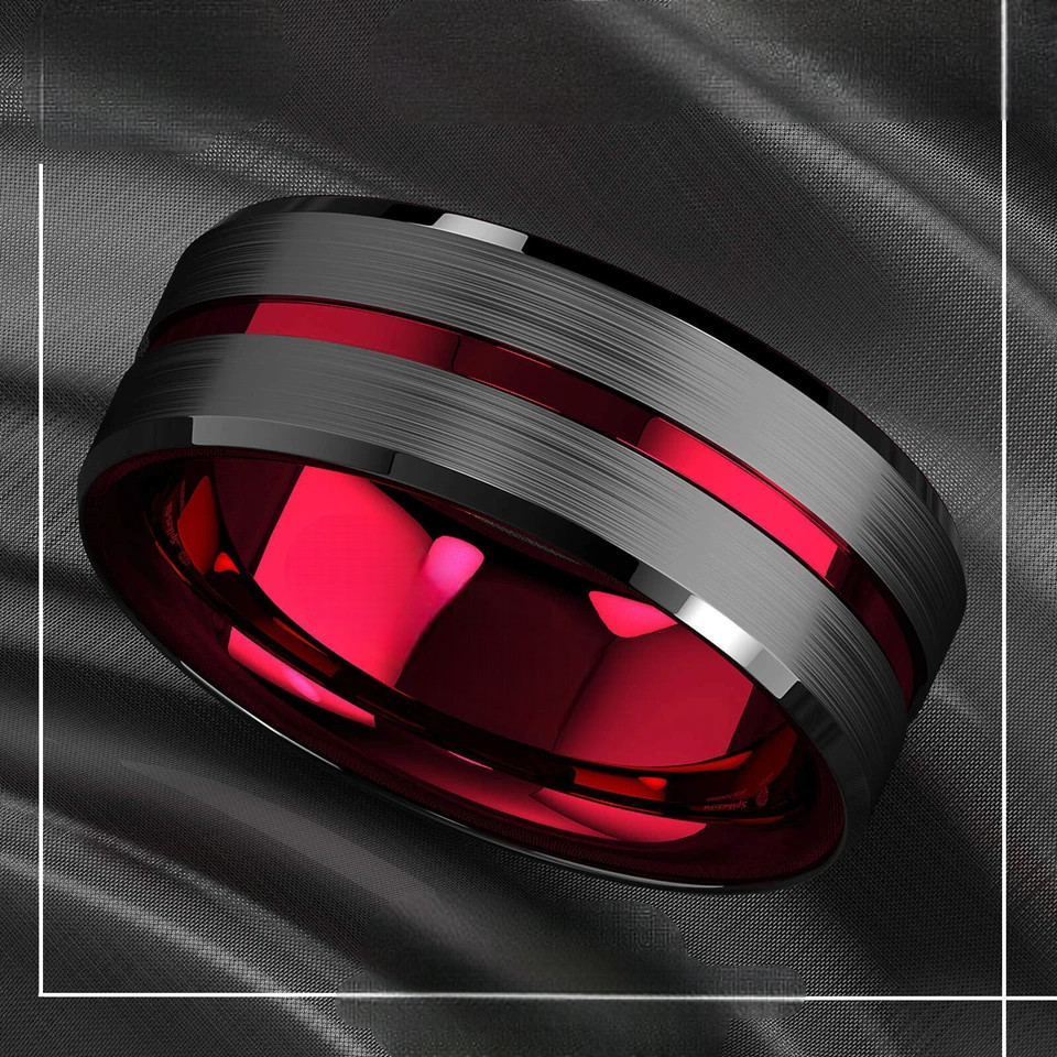 8mm Black Tungsten Carbide Thin, Red Line Wedding, Band Ring ATOP Men’s Jewelry