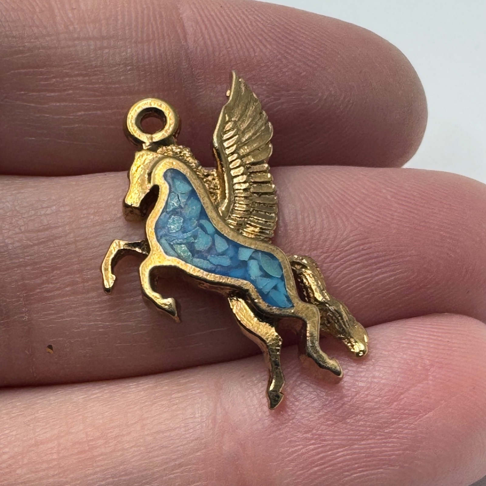 Vintage Pegasus Winged Horse Pendant Charm Gold Tone Turquoise Look Inlay