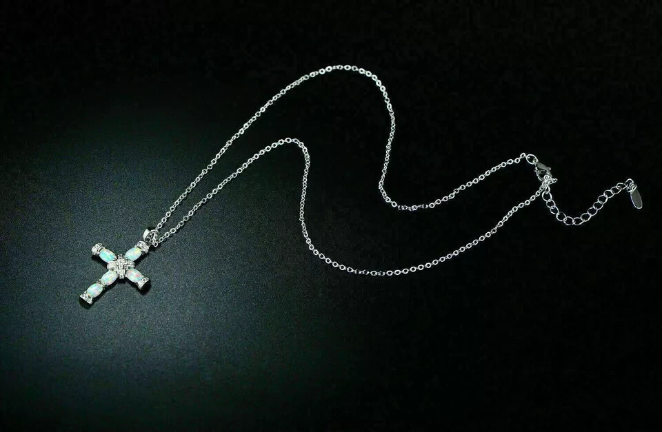 3Ct Oval Cut Fire Opal & Diamond Cross Women’s Pendant 14K White Gold Finish