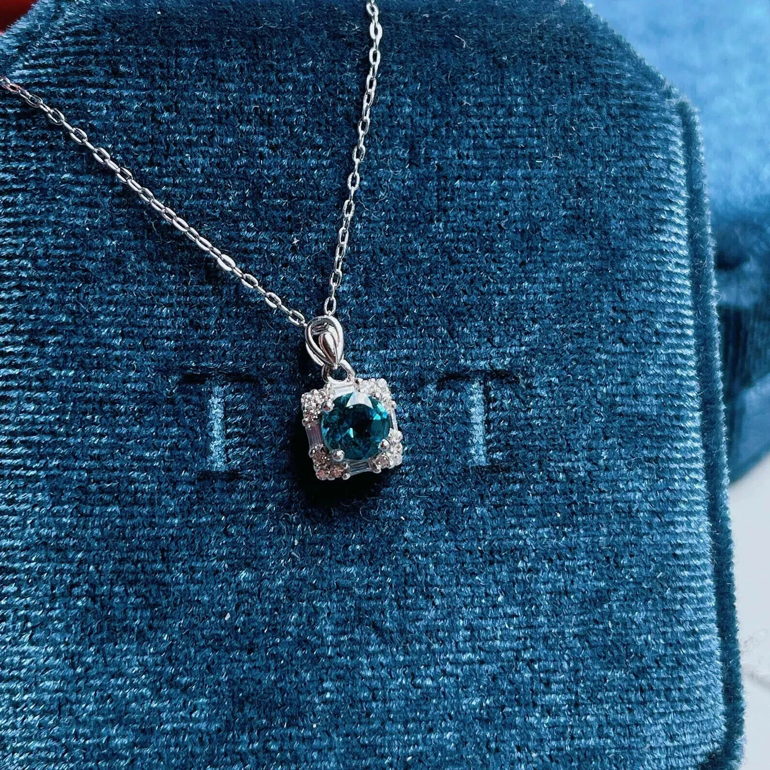 2Ct Round Cut Blue Topaz Halo Pendant Free Chain 14K White Gold Finish