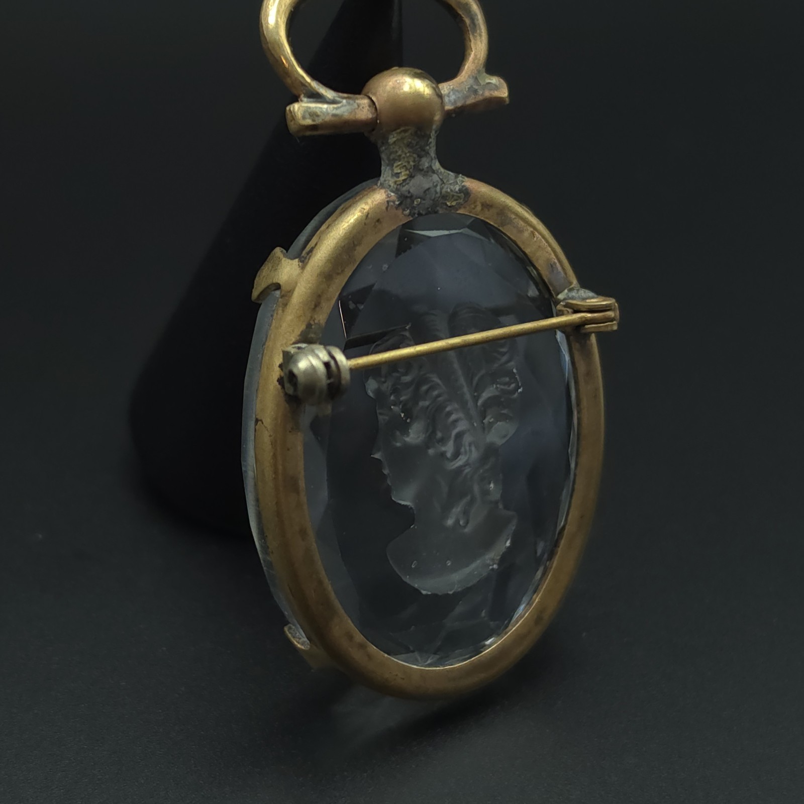 Antique Victorian Reverse Carved Crystal Intaglio Cameo Brooch Pendant Classical