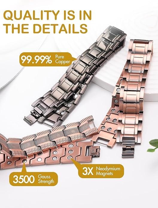 Copper Magnetic Bracelet for Men 3X Strength Magnets Adjustable with Sizing Tool