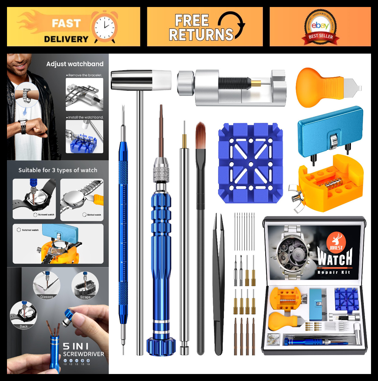Watch Repair Kit – Battery Replacement, Link Removal, Resizing Tools & Screwdriv