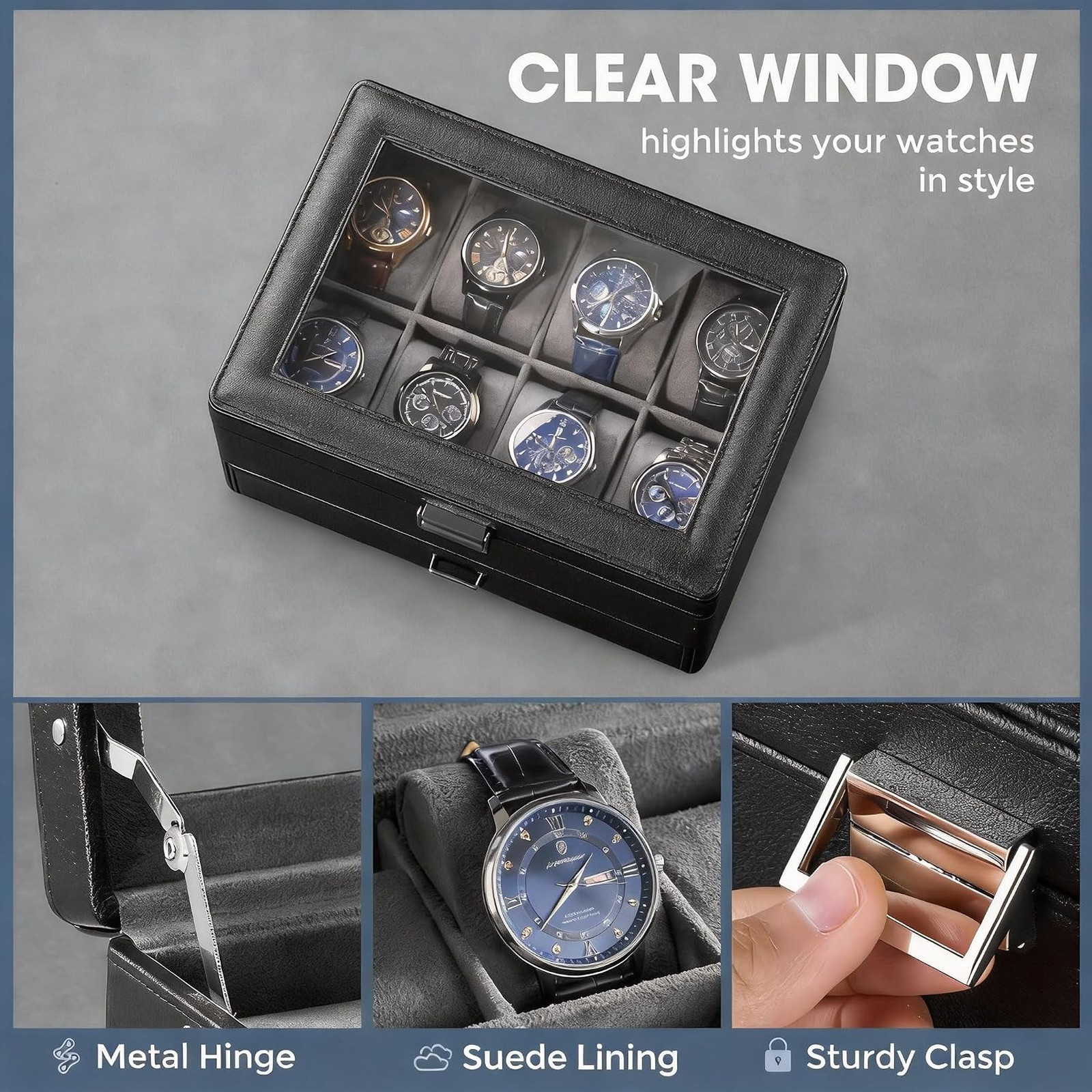 Watch Storage Box with Glass Lid for Men and Jewelry Organizer with 8 Slots