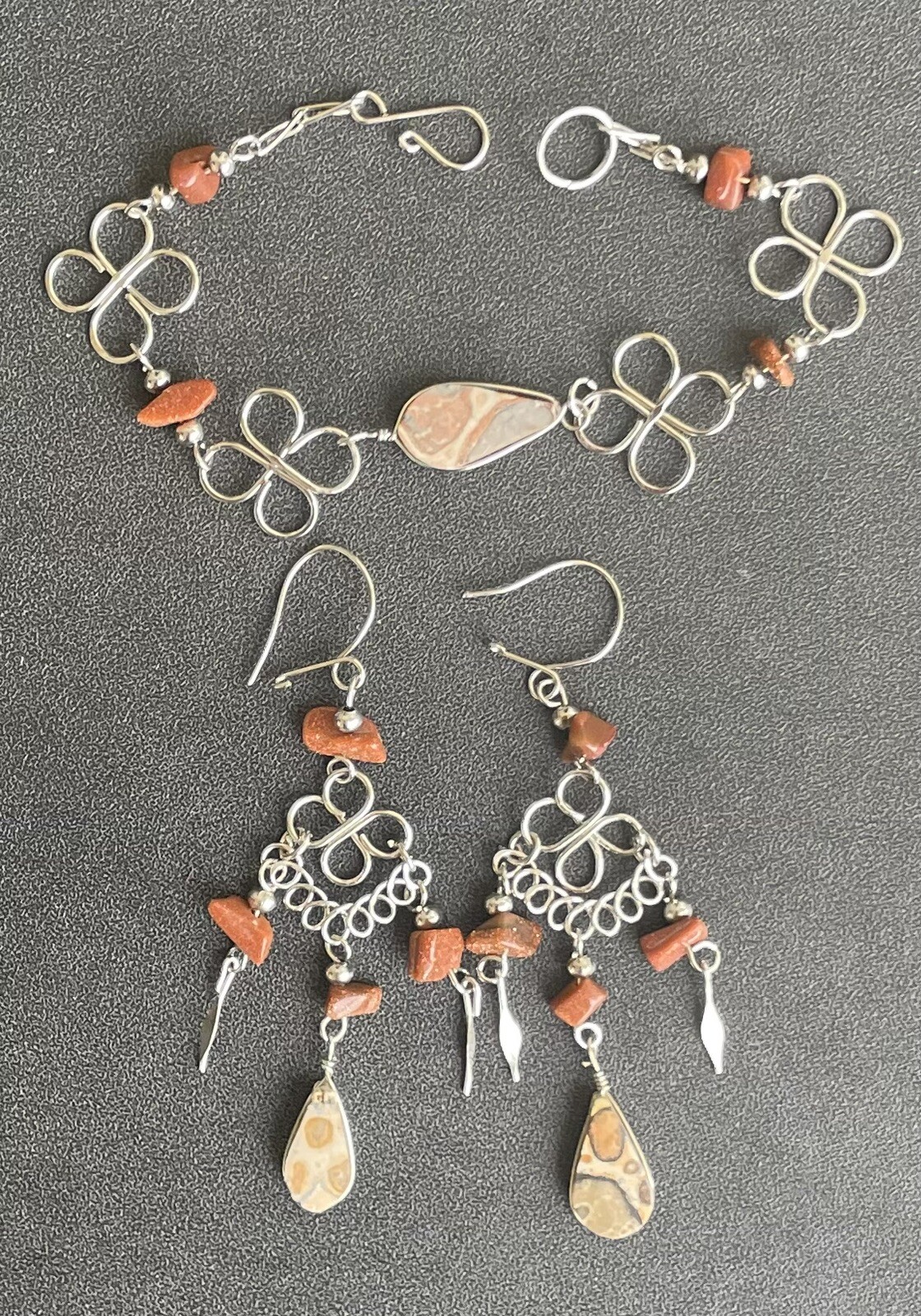 Peruvian LeoparditeSemi-Precious Stone Necklace Long Earrings Bracelet Set Peru