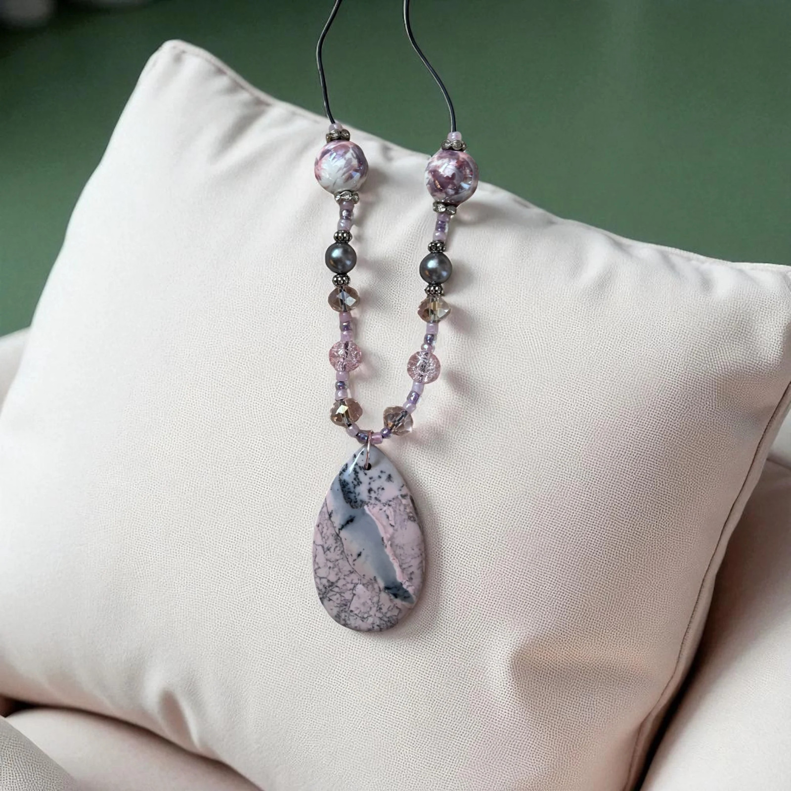 Pink Dendrite Jasper Gemstone Beaded Necklace