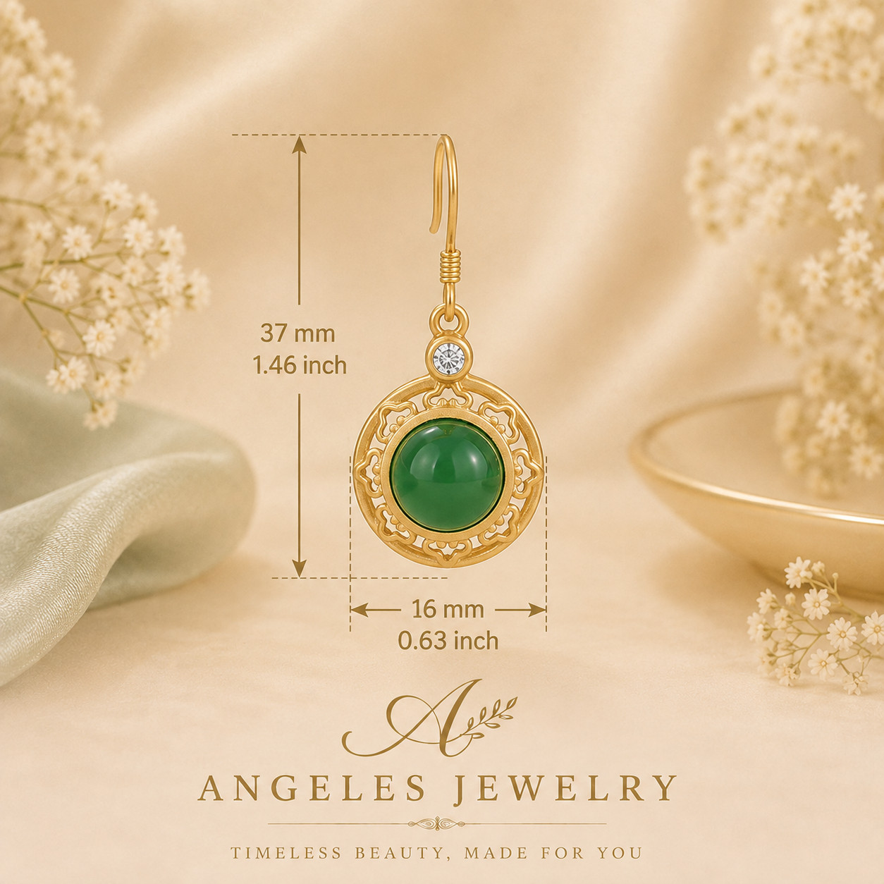 Green Jade Drop Dangle Earrings Hollow-carved Gemstone Ear Hook 18K Gold Plated