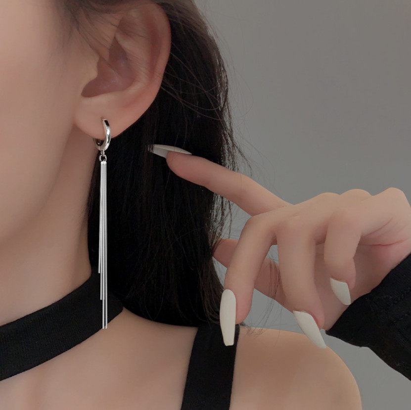 925 Silver Plated Huggie Earrings Tassel Chain LeverBack Drop Hoop TH4