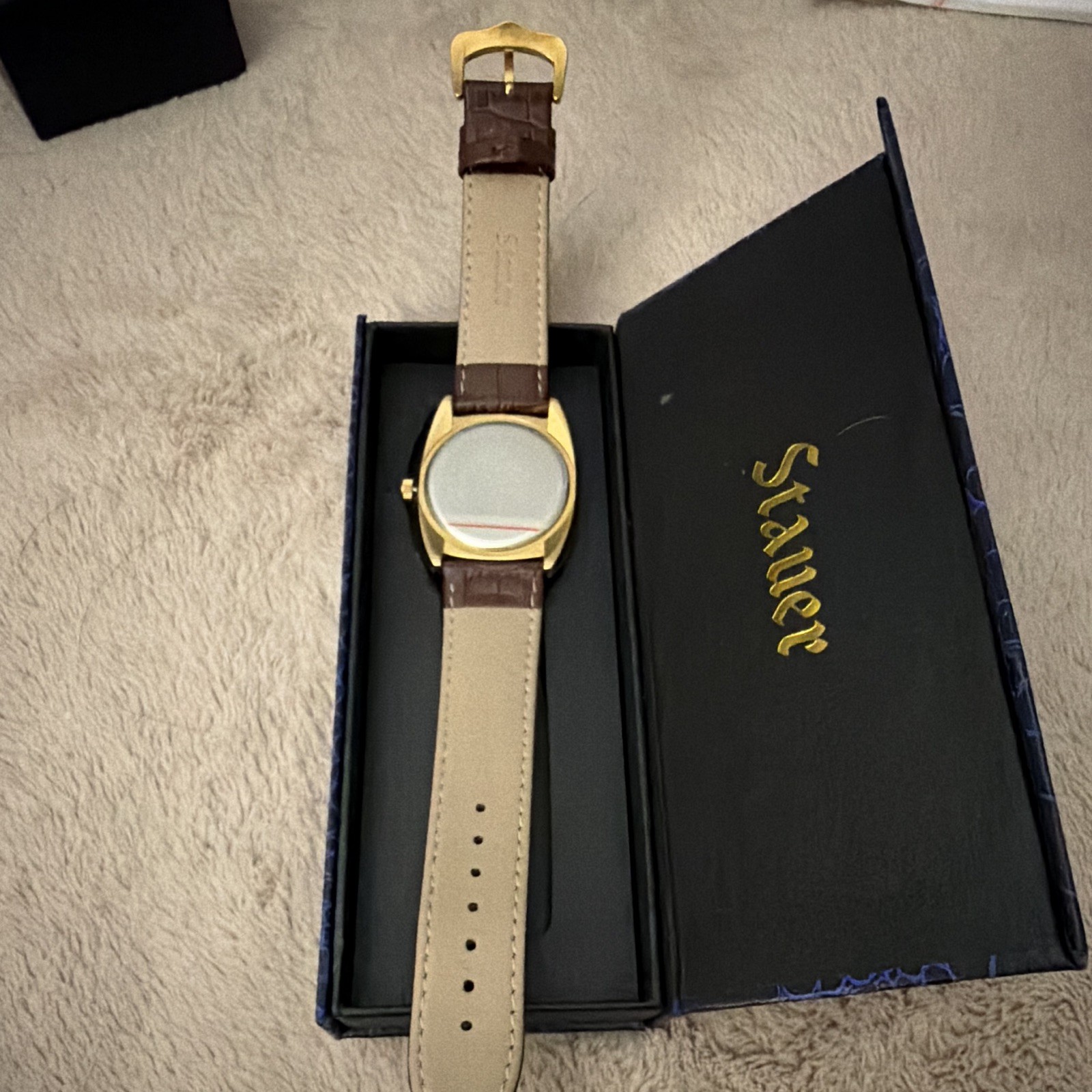 Stauer Quartz Dress Watch Date Gold Tone 34mm Brown Leather Strap Roman Box