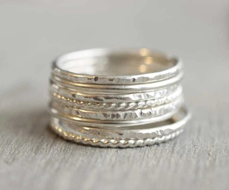 925 Sterling Silver, Solid Silver, Band Ring, Unisex, Set of 8 Stacking Rings