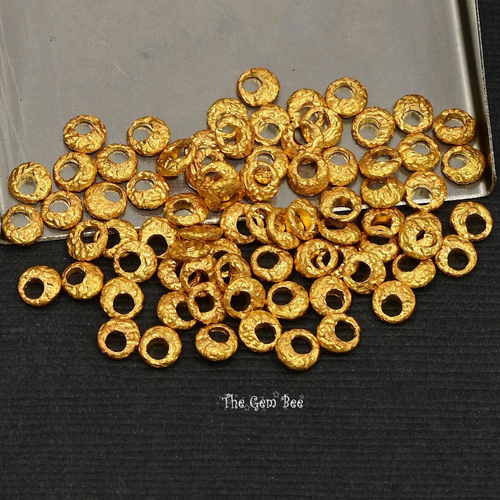 4mm 18k Solid Yellow Gold Hefty Disc Textured Rustic Nugget Spacer Beads (5)