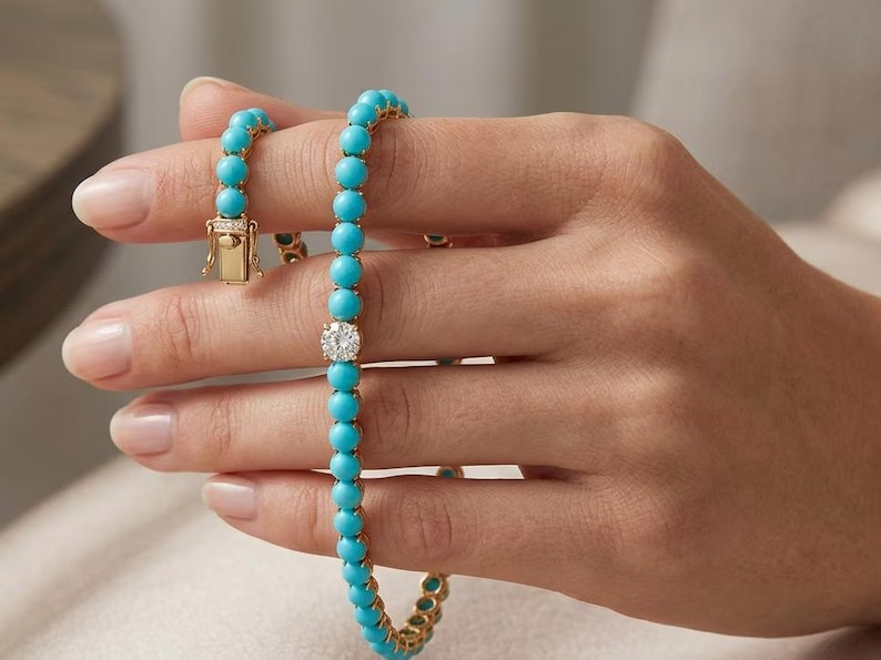 14K Yellow Gold Plated Genuine Turquoise & Moissanite Women’s Tennis Bracelet 7″