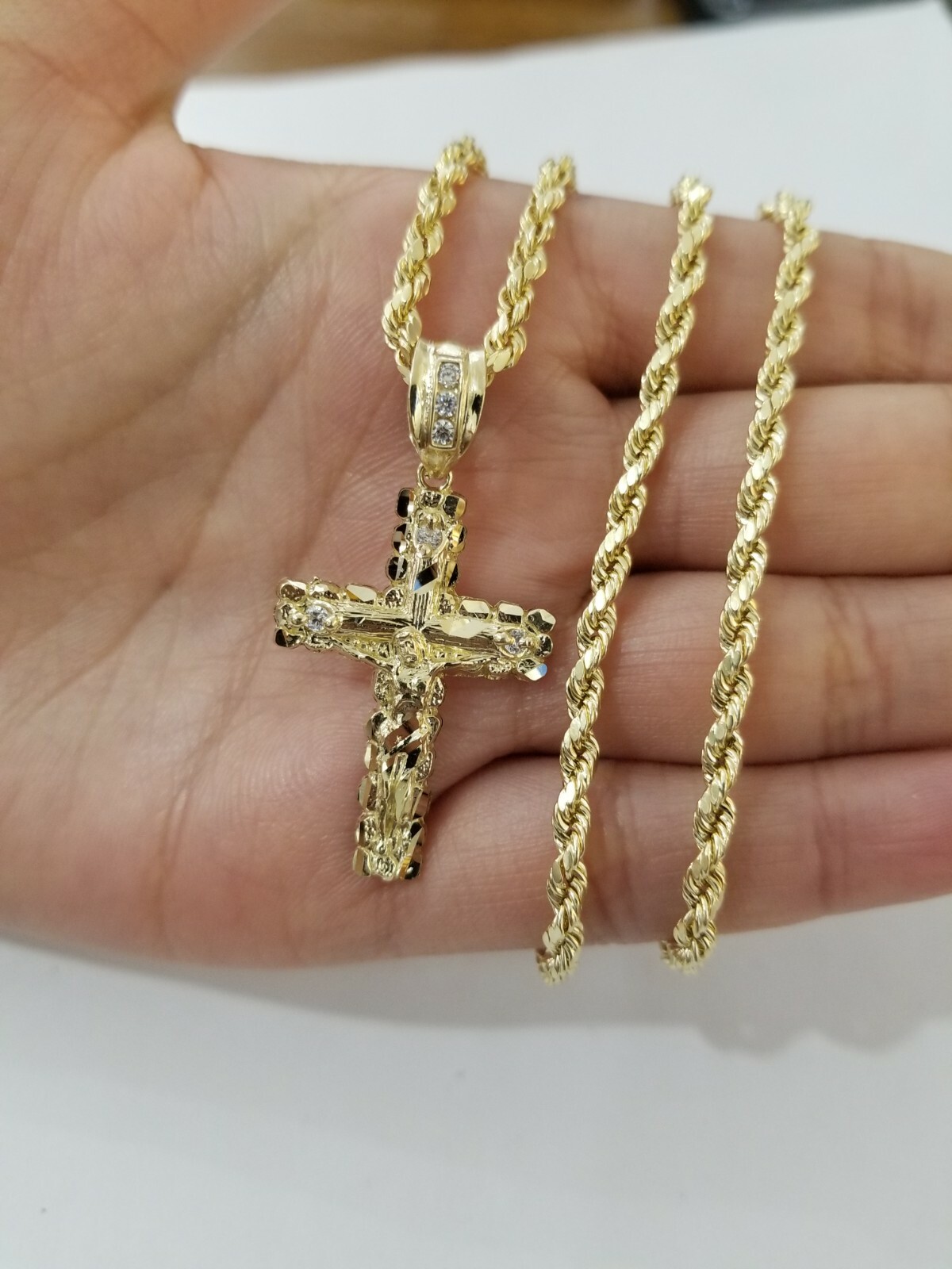 Real Solid 10k Gold Rope Chain Cross Charm 4mm Necklace & Pendant Set 16″-28″