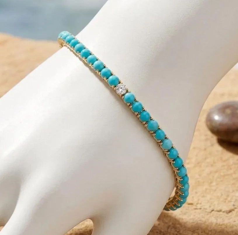 14K Yellow Gold Plated Genuine Turquoise & Moissanite Women’s Tennis Bracelet 7″
