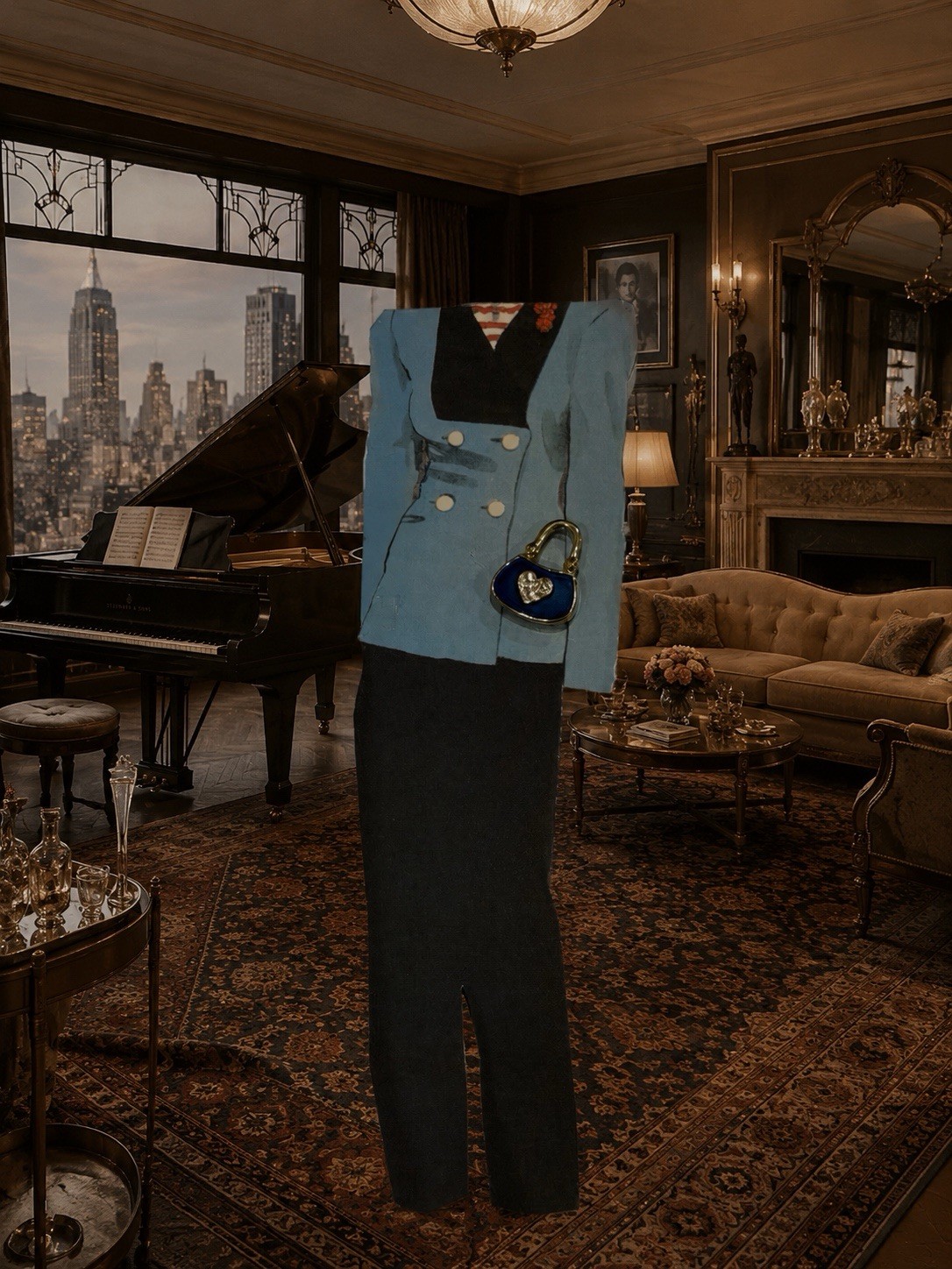 Sophie’s Closet Blue Suit Greeting Card And Blue Gemmed Purse Pin Vintage