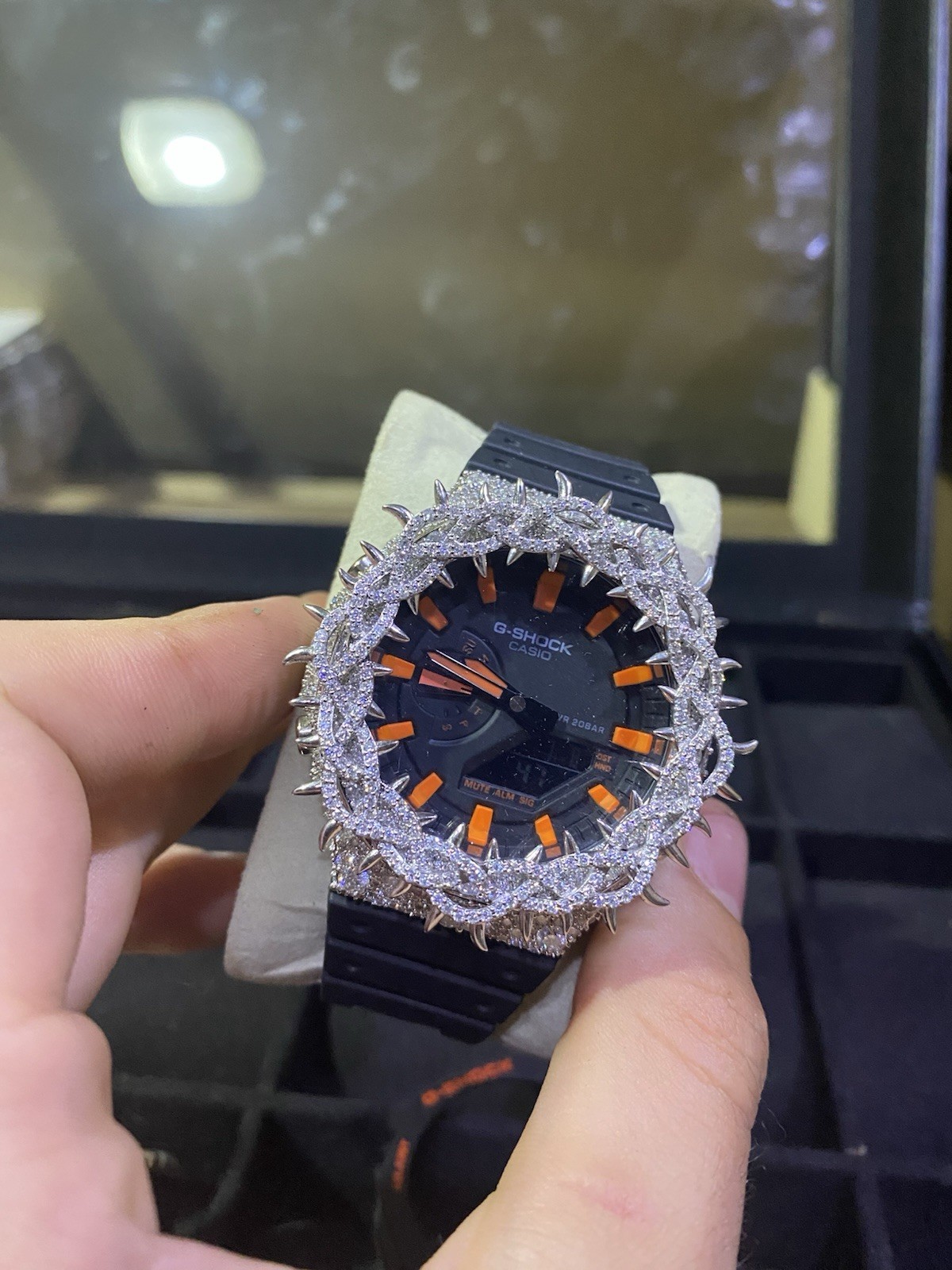 Black & Orange Casio G-shock Watch VVS Moissanite Diamond Bezel