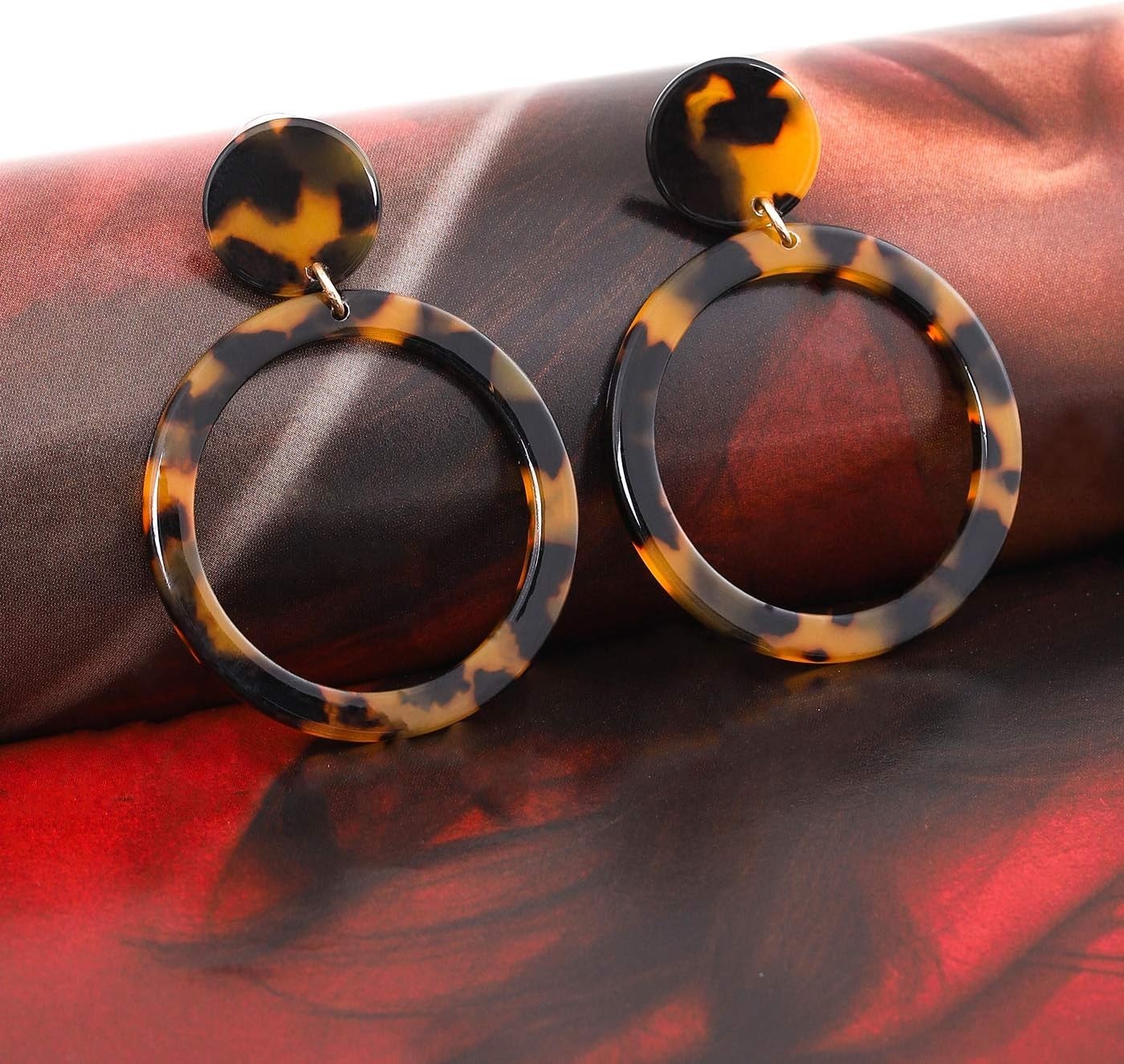 Acrylic Circle Drop Dangle Earrings Tortoise Shell Hoop Mottled
