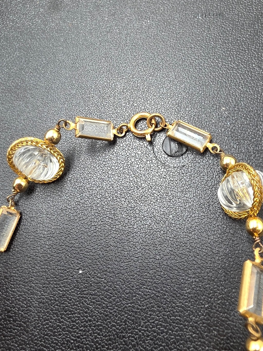 Vintage Gold Tone Clear Lucite Bead Statement Necklace | Retro Art Deco Style