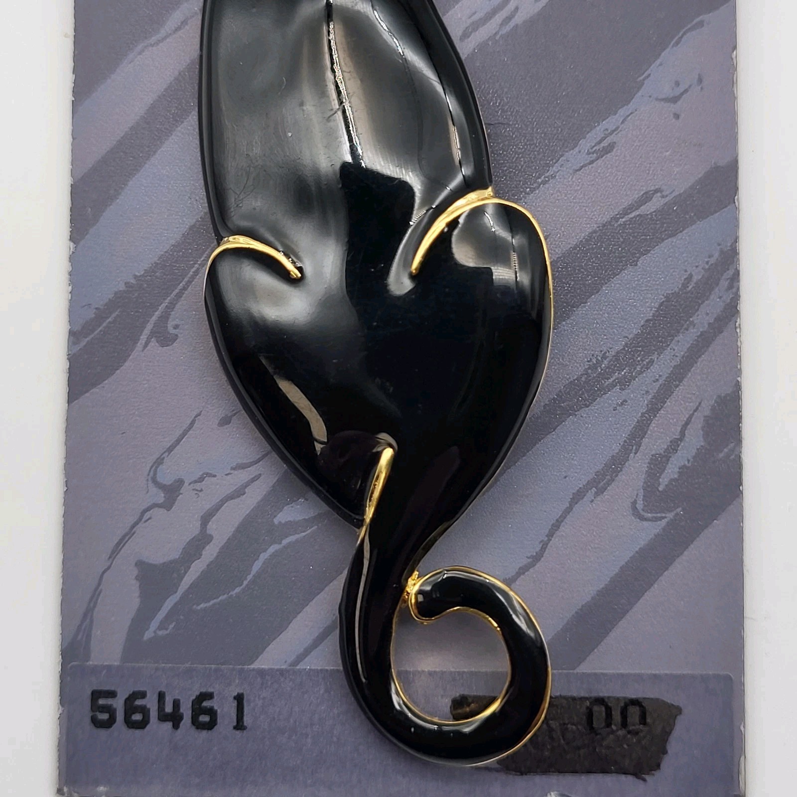 Beautiful Trifari Black Cat Glossy Enamel Rhinestone Figural Brooch On Card