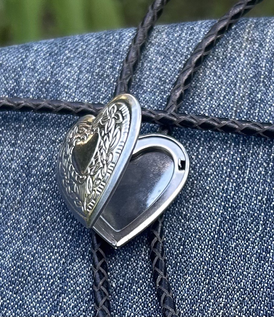 Vintage Western Style Silver Heart Locket, Black Leather Bolo Tie FREE SHIPPING