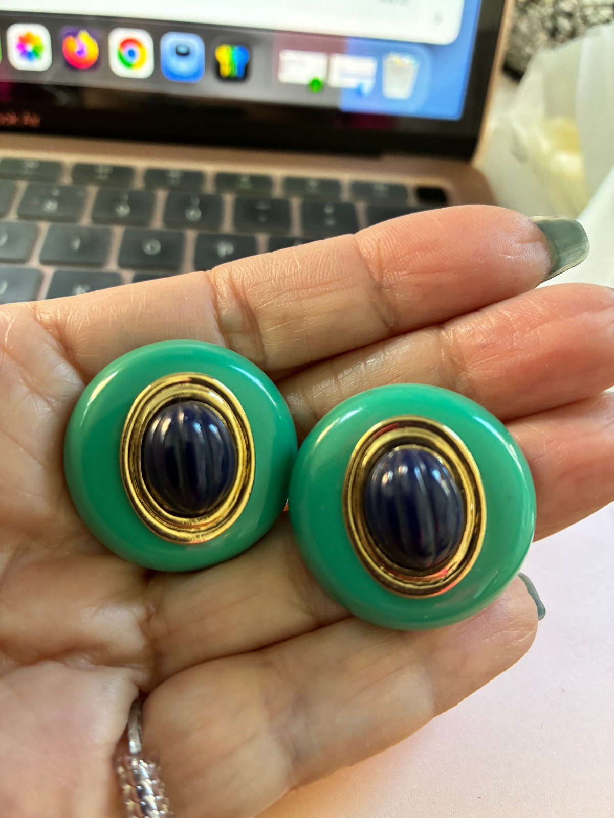 GIANT 1960’S SIMULATED TURQUOISE, SIMULATED LAPIS ROUND POST EARRINGS