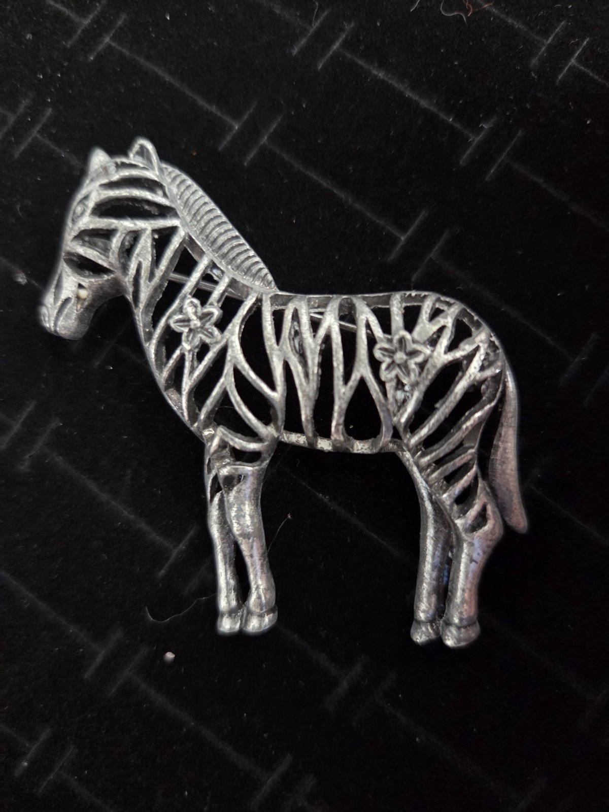Vintage ZEBRA Brooch Pin Filigree Open Work Pewter Tone Finish Collectible