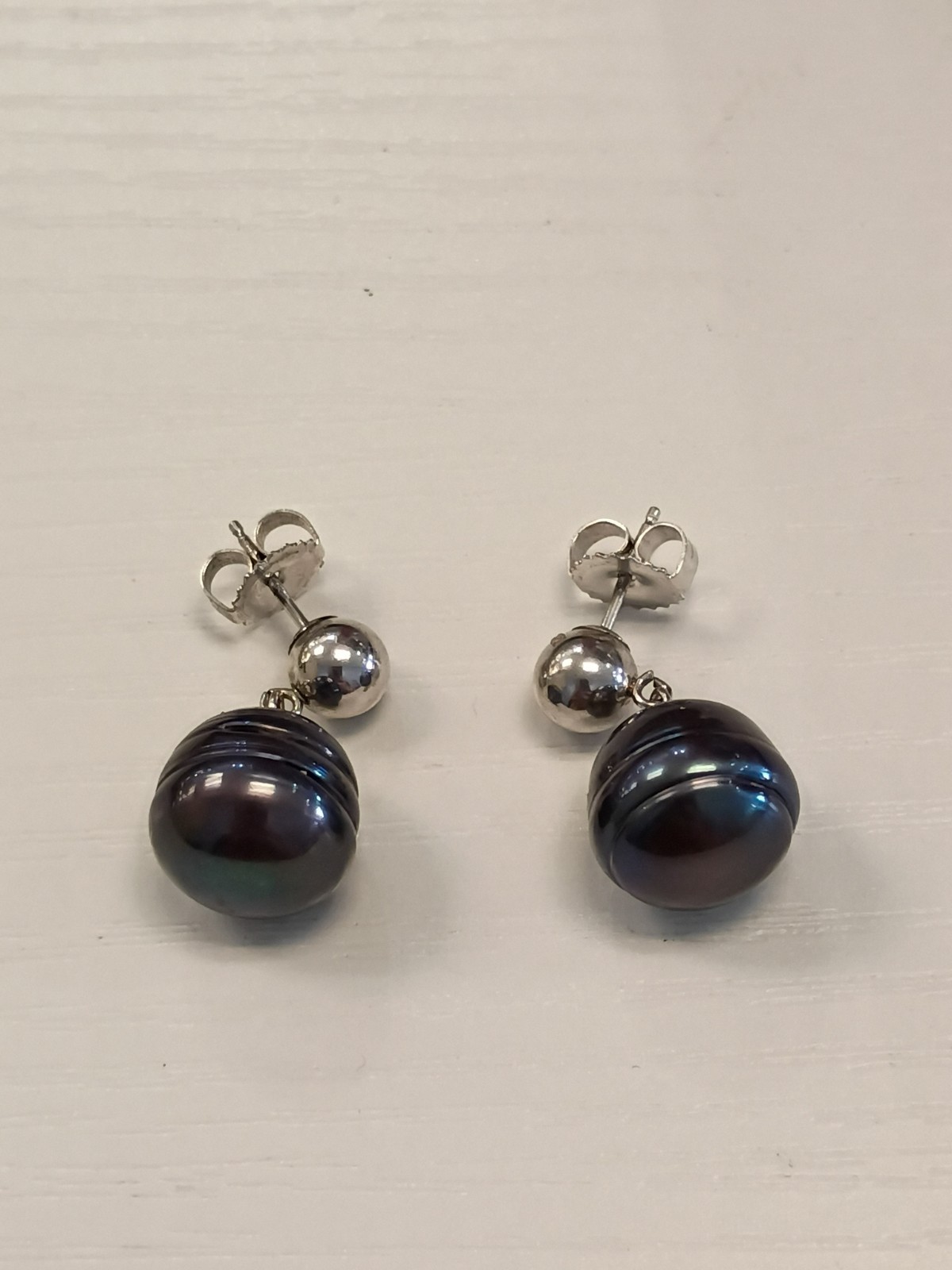 Honora Pearl Earrings Drop Dangle Ringed Dark Gray 925 Sterling Silver Signed
