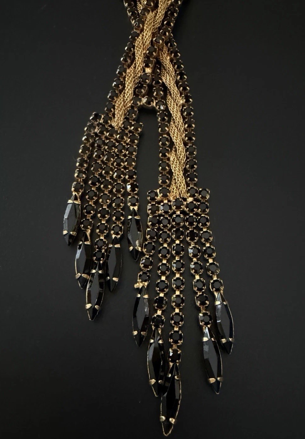 Vtg 50’s 60’s Fixed Lariat Waterfall Necklace Gold Mesh Black Rhinestone Tassel!