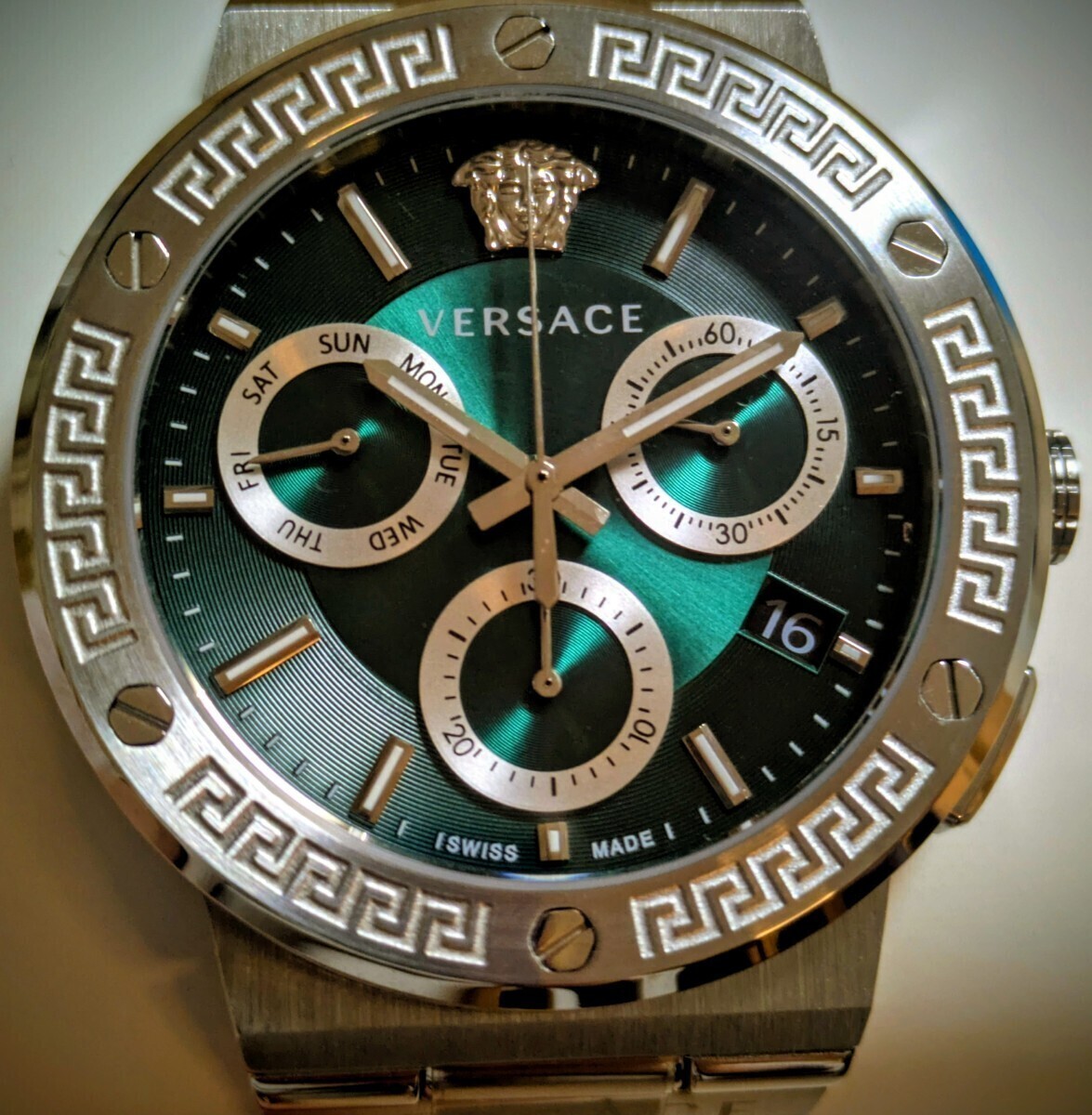 [B1P] VERSACE Greca Logo Chrono VEZ900121 Green Silver Watch [y2v]